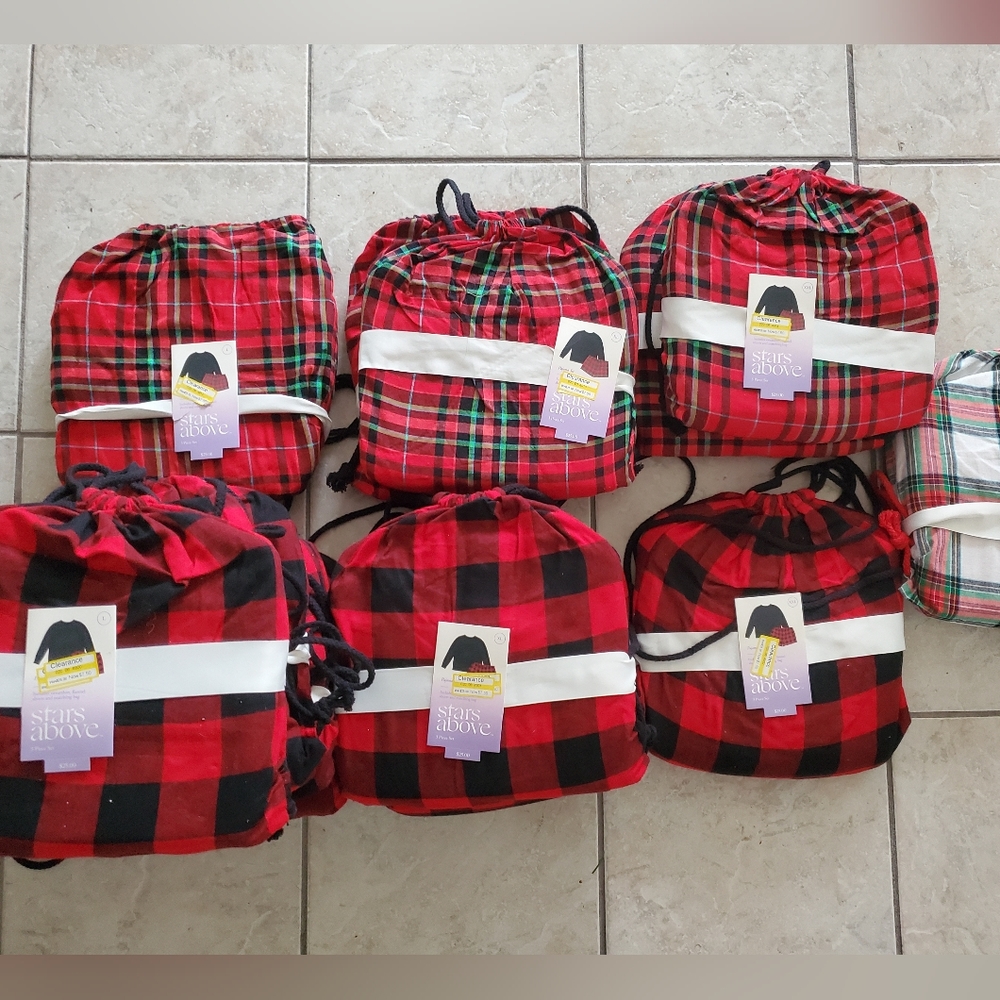Flannel 3 Piece Pajama Sets Sweatshirt, Shorts, Matching Bag Stars Above Holiday